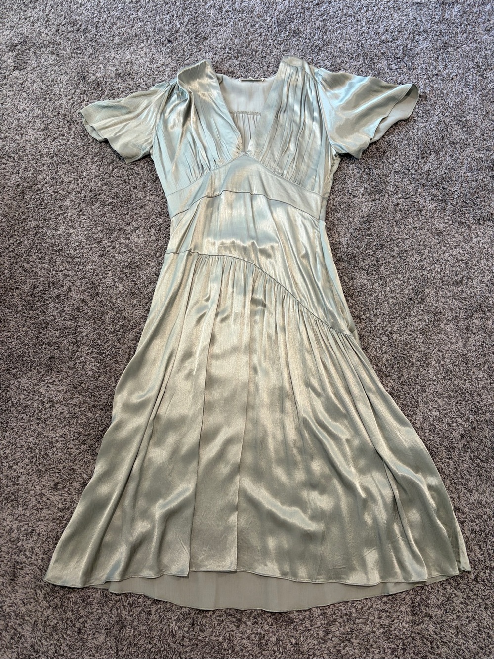 DownEast Pale Sage Satin V-Neck Midi Dress